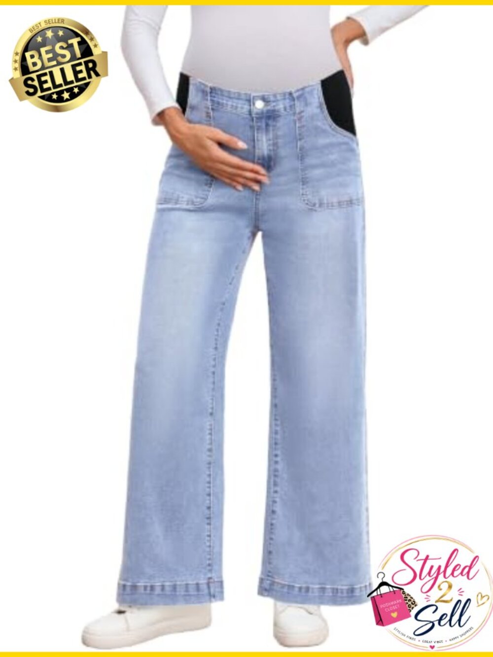 Maternity Wide Leg Jeans Side Panel Stretch Denim Pants Pregnancy